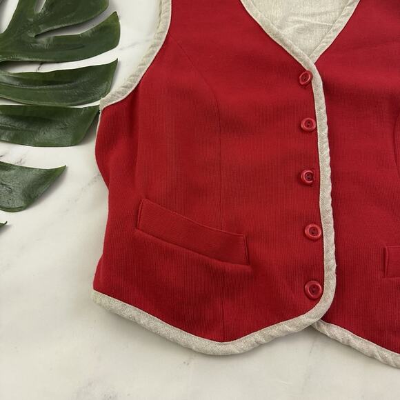 Liz Sport Womens Vintage 90s Vest Size L Red Tan Linen Blend Buttons Ribbed - Picture 4 of 9